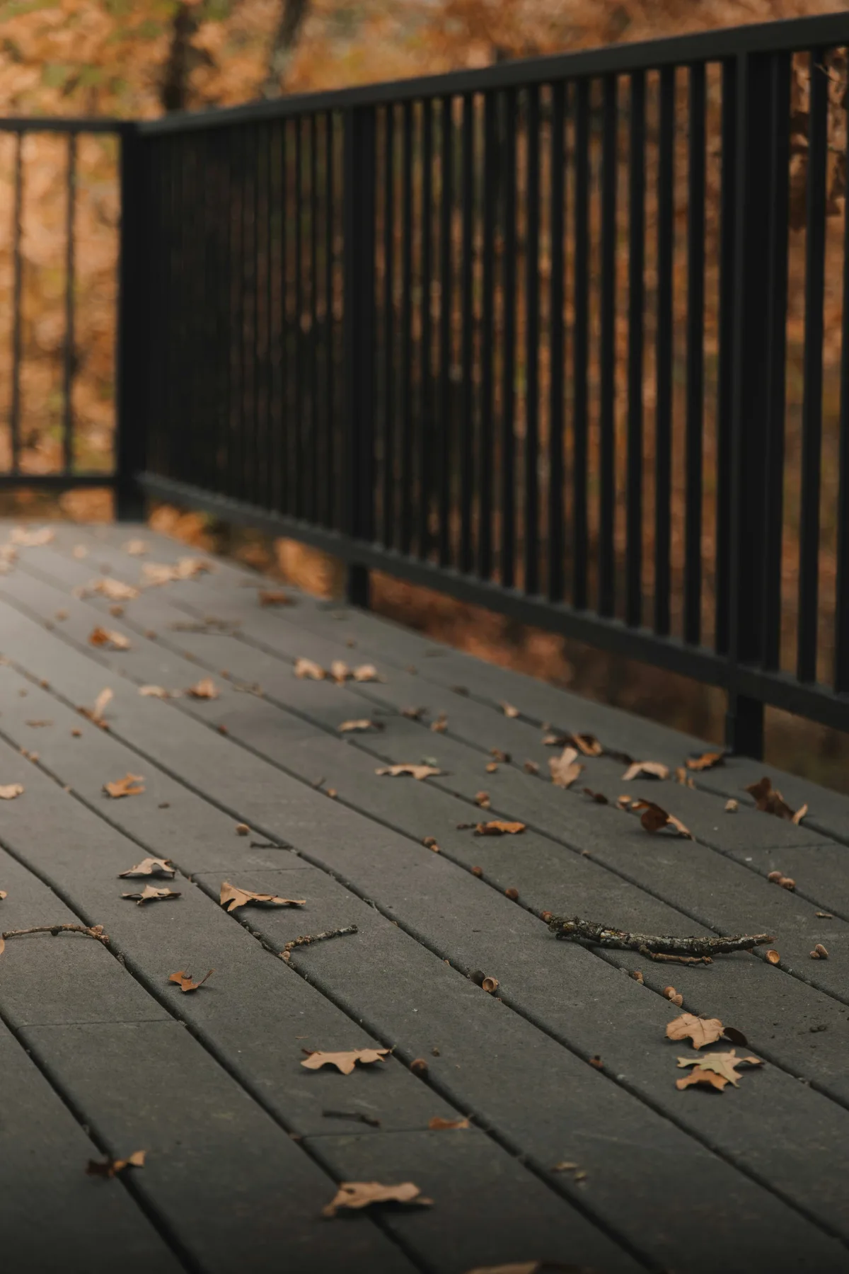 Close-up of black powder-coated aluminum deck balusters with fallen leaves on composite boards